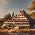 Pyramid-shaped structure in forest with purple flowers