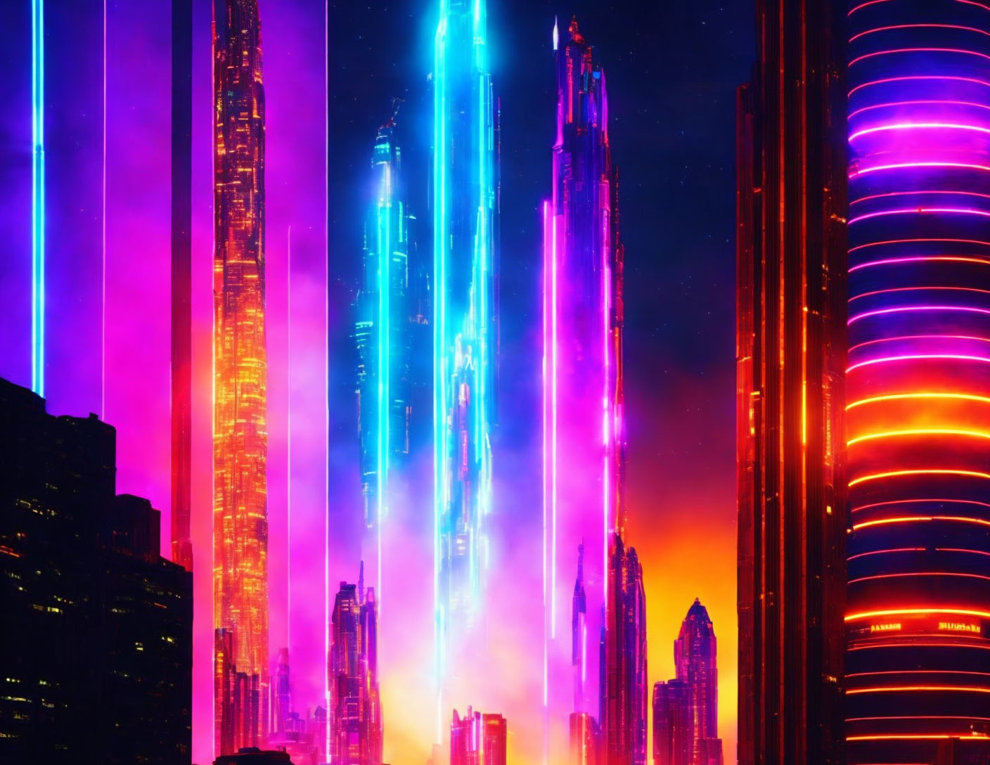 Futuristic cityscape at night with neon lights and skyscrapers