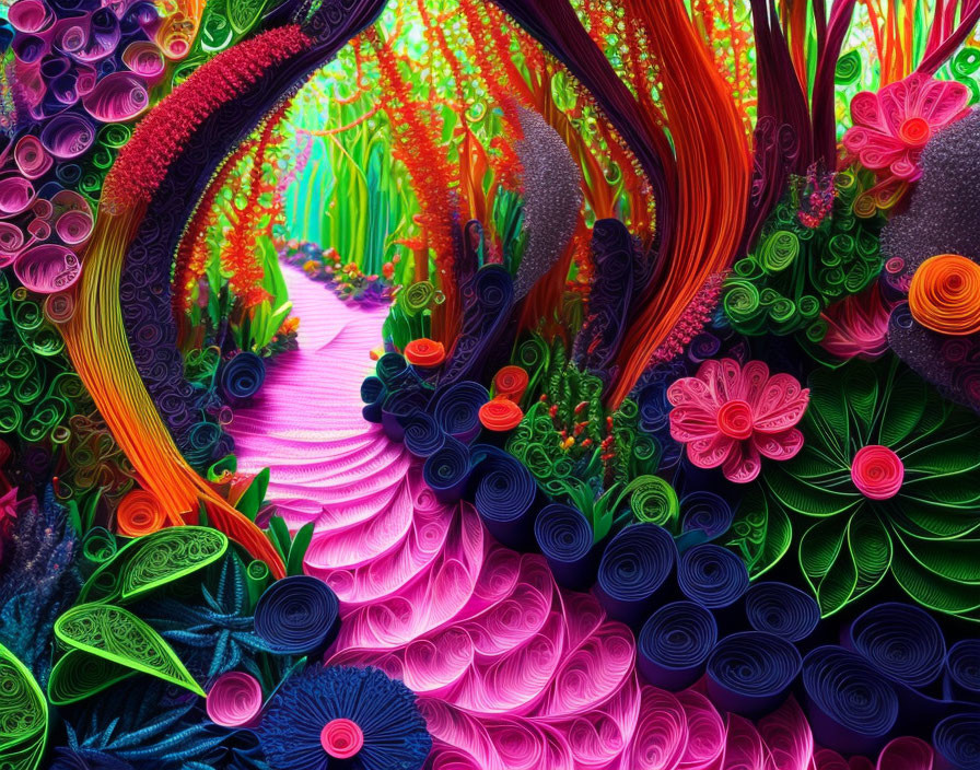 Colorful paper quilling art of whimsical floral garden landscape