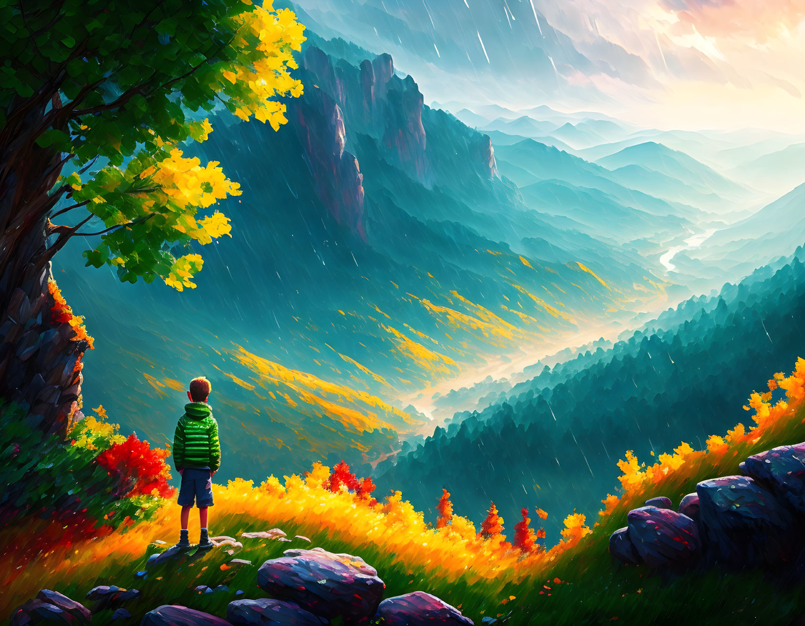 Boy in green jacket gazes at sunlit valley from cliff edge