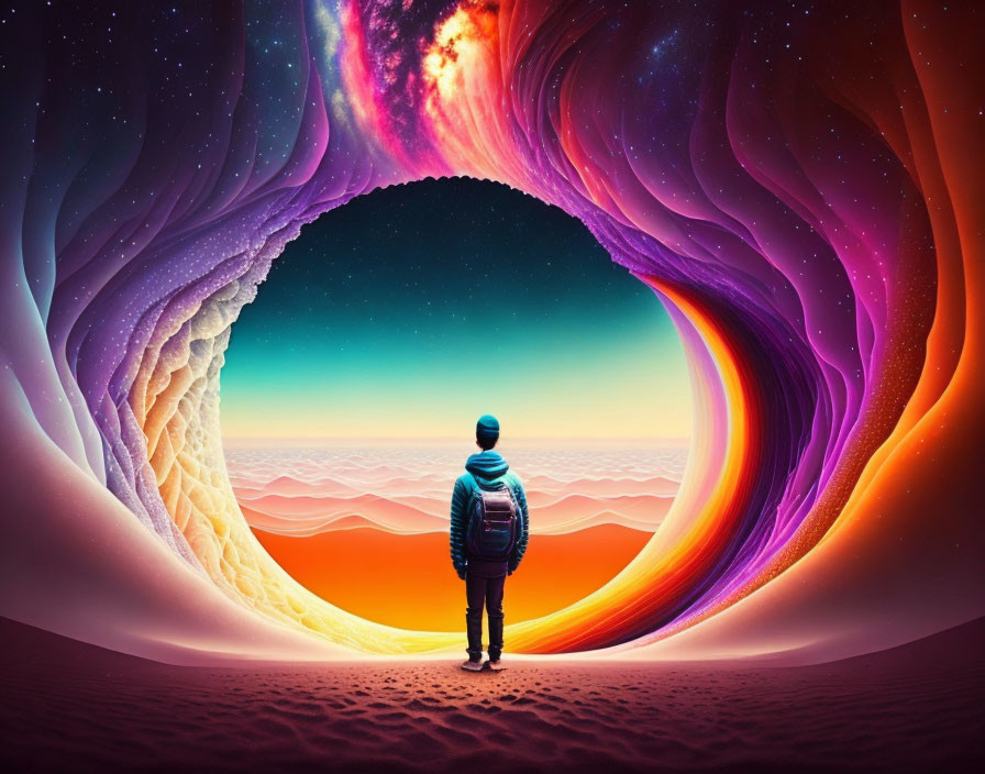 Person gazes at surreal cosmos portal with swirling colors and desert dunes under celestial sky