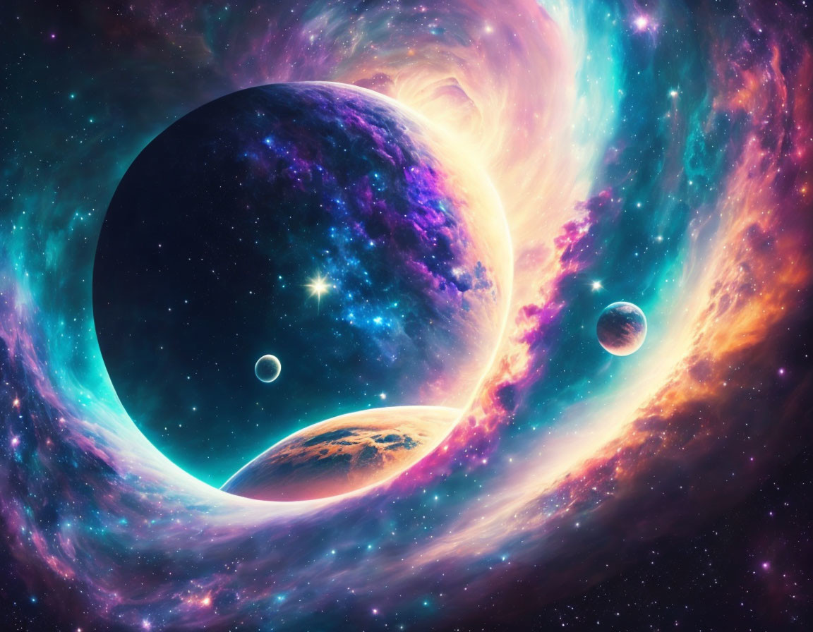 Colorful outer space scene with large planet and celestial bodies in vibrant nebula