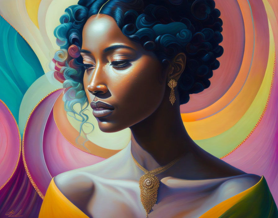 Woman with Blue Curls in Colorful Swirling Background