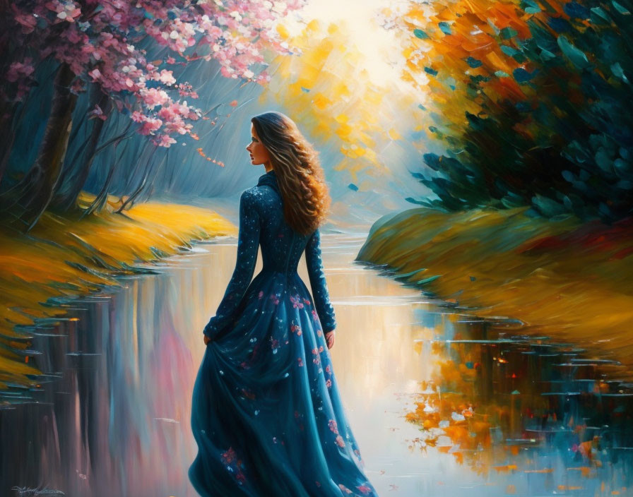 Woman in Blue Dress by Serene River with Flower-Lined Banks