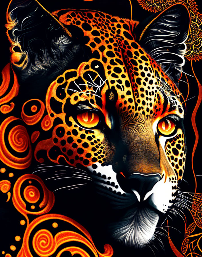 Vibrant digital artwork: Jaguar with orange eyes and intricate patterns