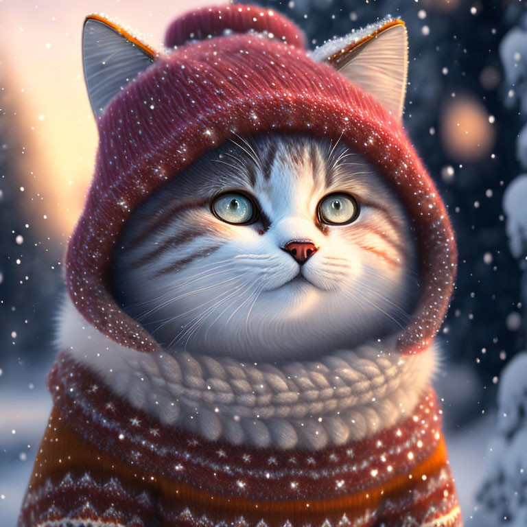 Digital Artwork: Cat with Green Eyes in Hood and Sweater, Snowflake Surroundings