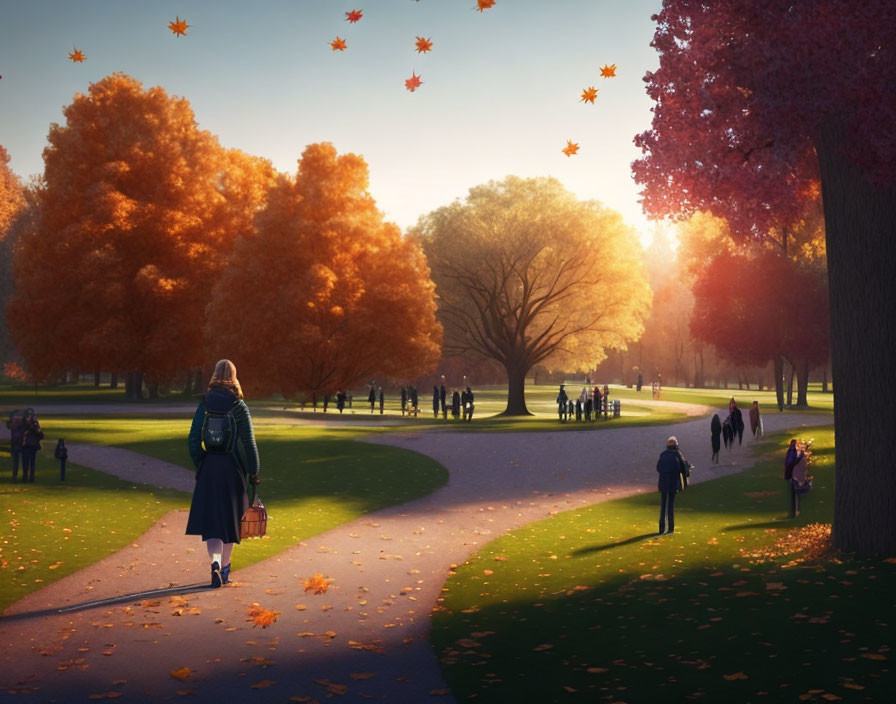 Autumn park scene with falling leaves and warm sunlight.