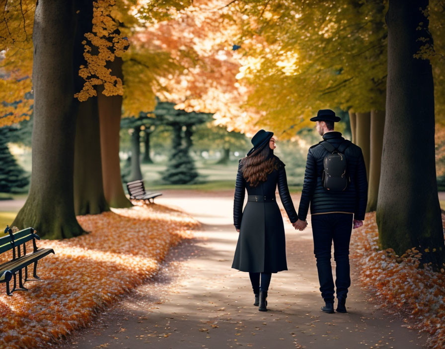 Couple walking on autumn pathway with benches, romantic setting