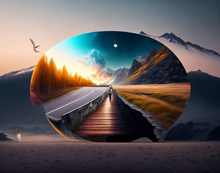 Surreal artwork: Daytime mountain road meets nighttime wooden path