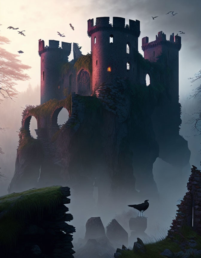 Dilapidated castle on misty cliff with crow.