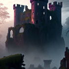 Dilapidated castle on misty cliff with crow.