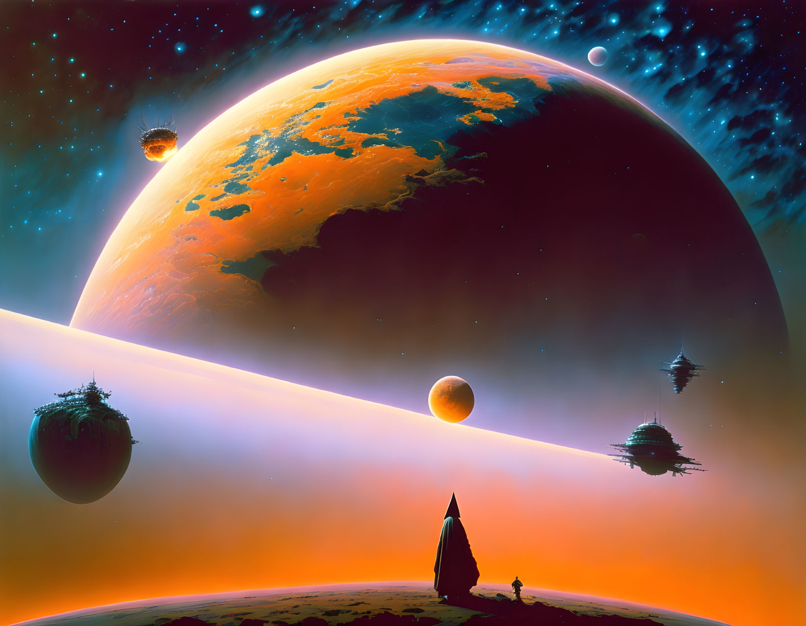 Colorful sci-fi landscape with orange planet, spaceships, and lone figure.