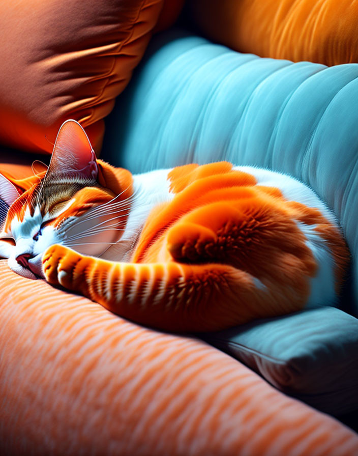 Orange and White Cat Sleeping Comfortably on Turquoise Sofa