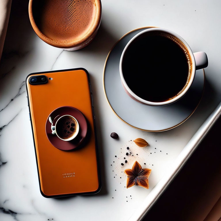 Coffee-themed smartphone case with cup and beans on marble surface