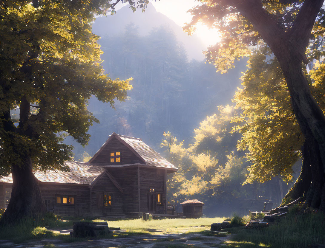 Wooden cabin in forest clearing under warm sunlight