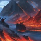 Dystopian landscape with dark clouds and red skies