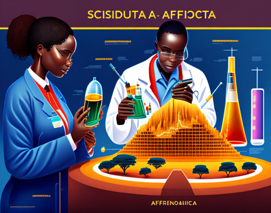 Animated scientists conducting experiments with colorful equipment and stylized volcanic eruption.