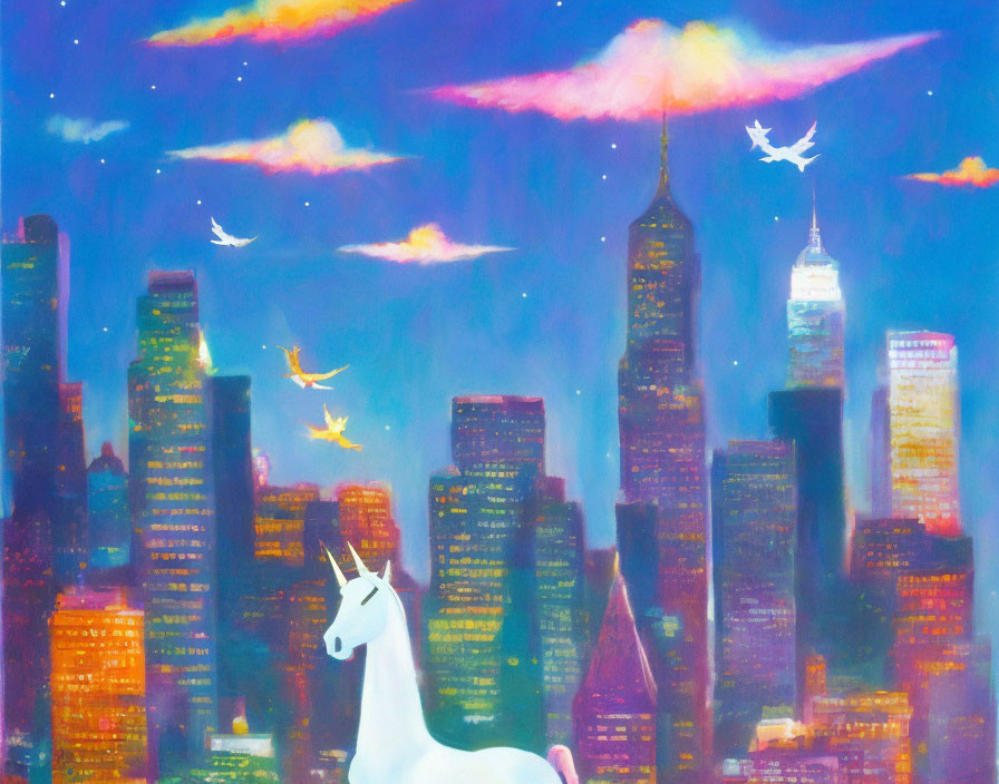 Colorful unicorn in vibrant cityscape with birds and plane at dusk