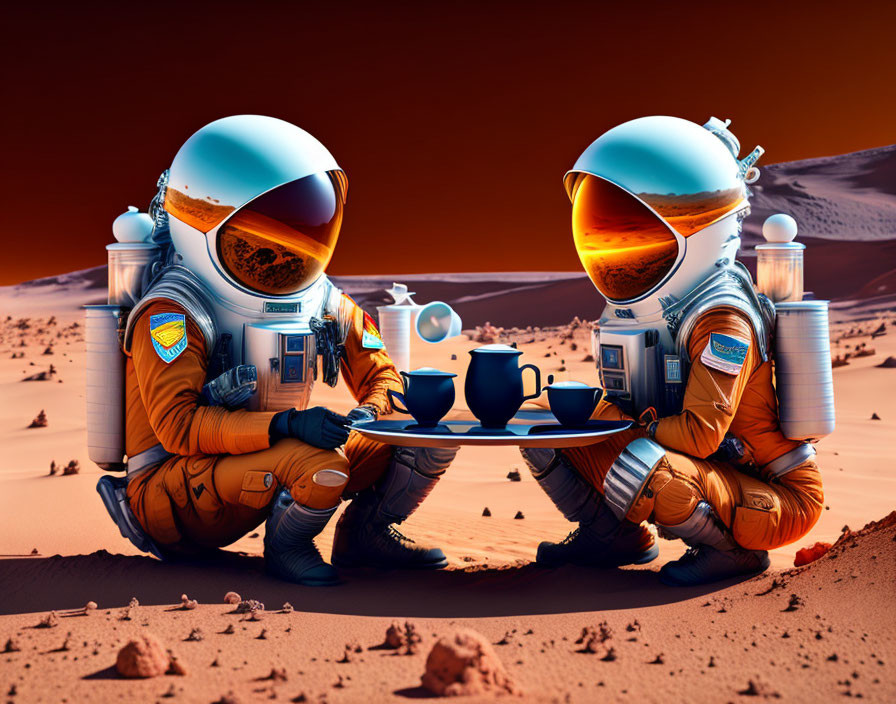 Two astronauts in orange suits sharing a drink on Mars