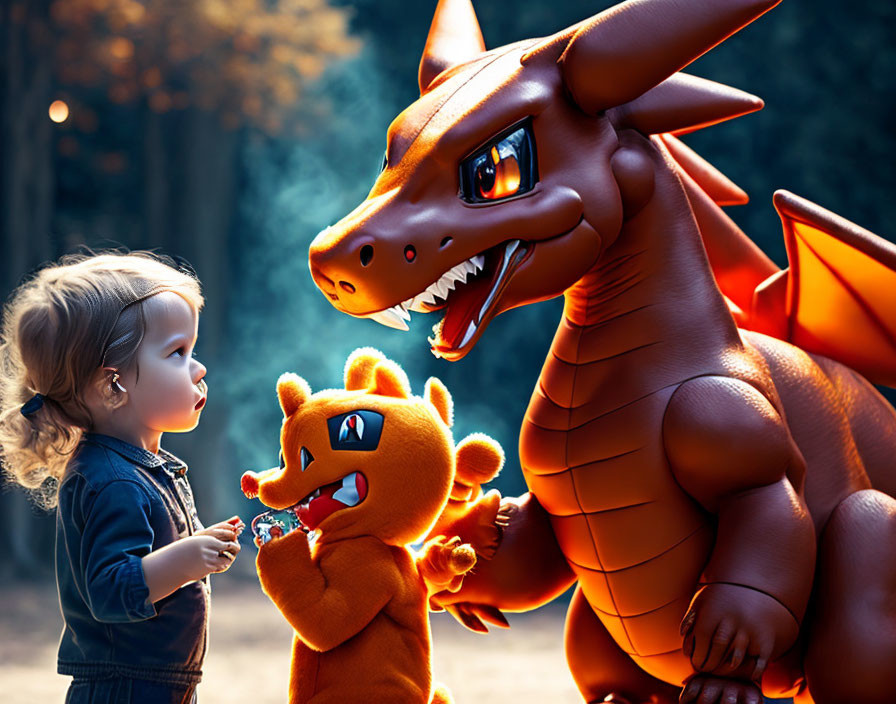 Child interacts with friendly dragon and creature in mystical forest.