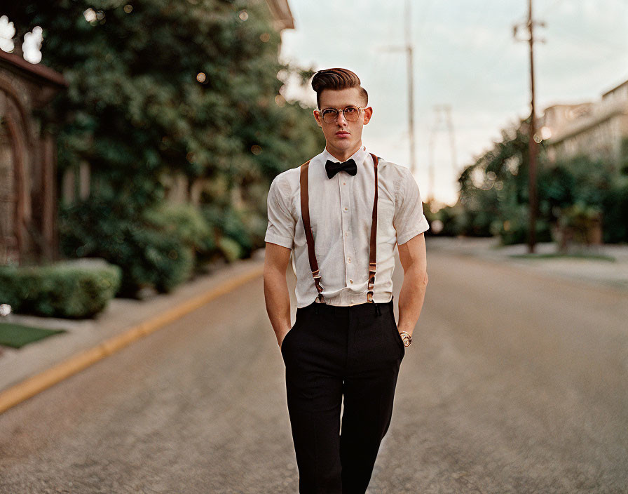 Stylish man in bow tie and suspenders on street exudes vintage vibe