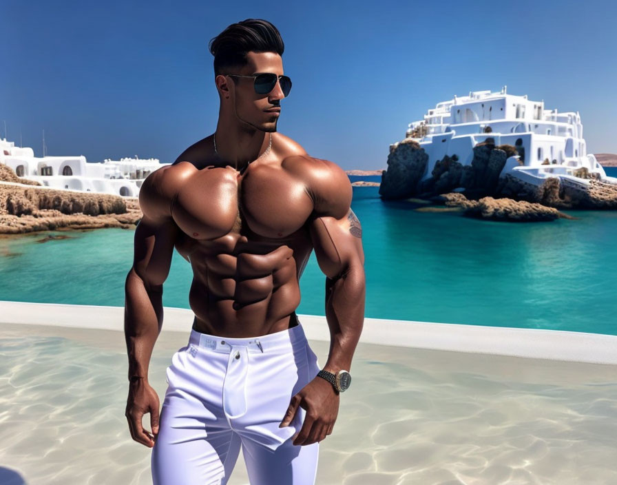 Muscular man in white pants poses by serene beach with blue water and white buildings.