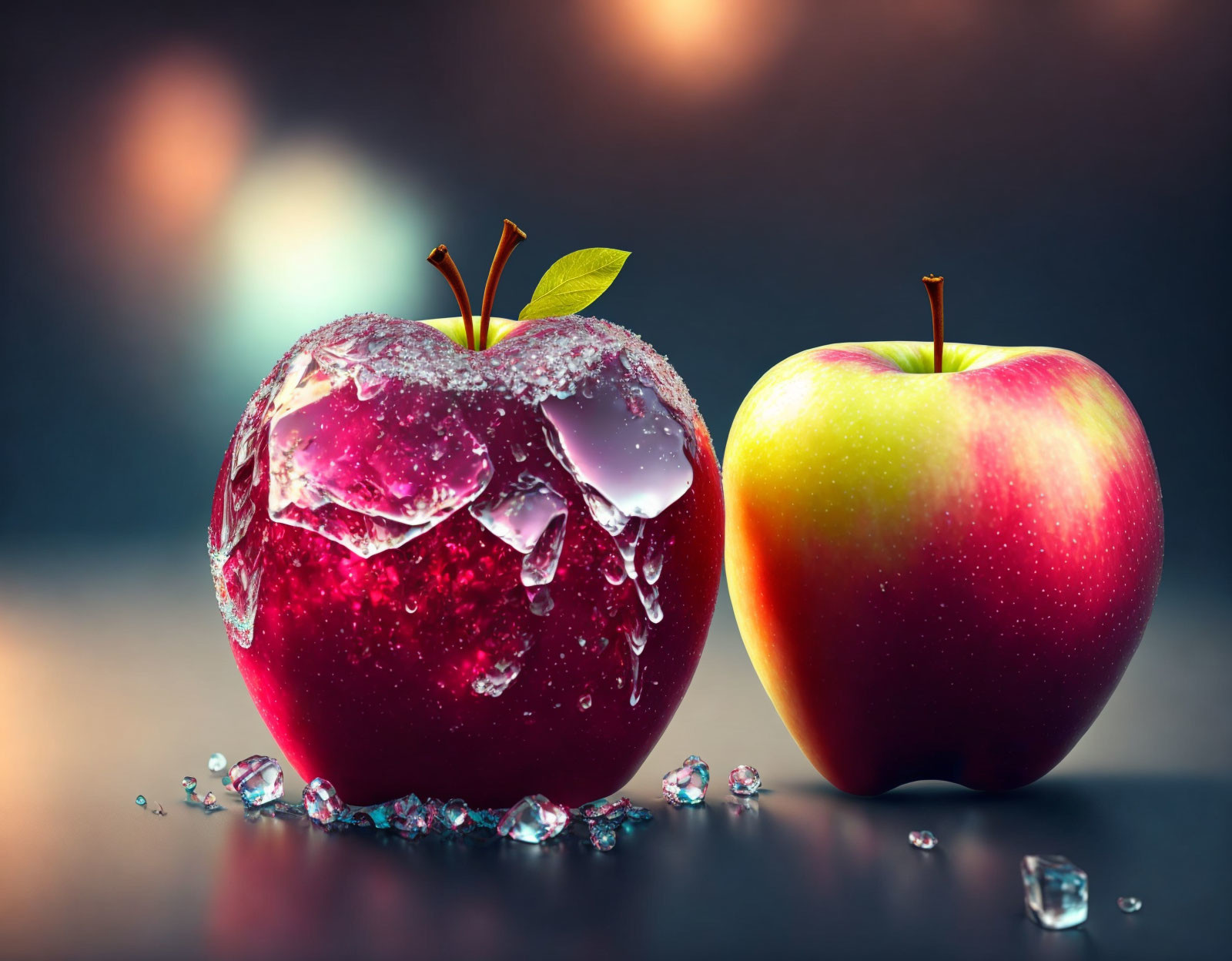 Two apples, one with water droplets and ice, the other fresh, against blurred background.