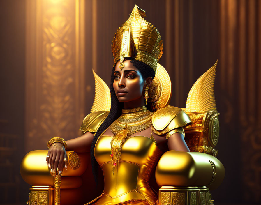 Regal figure in golden attire on throne exudes authority