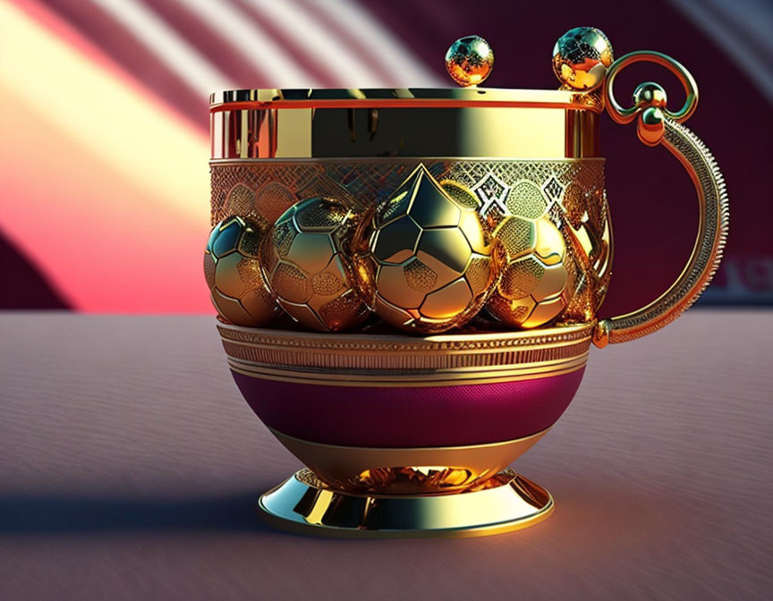 Golden trophy with soccer ball patterns on red background