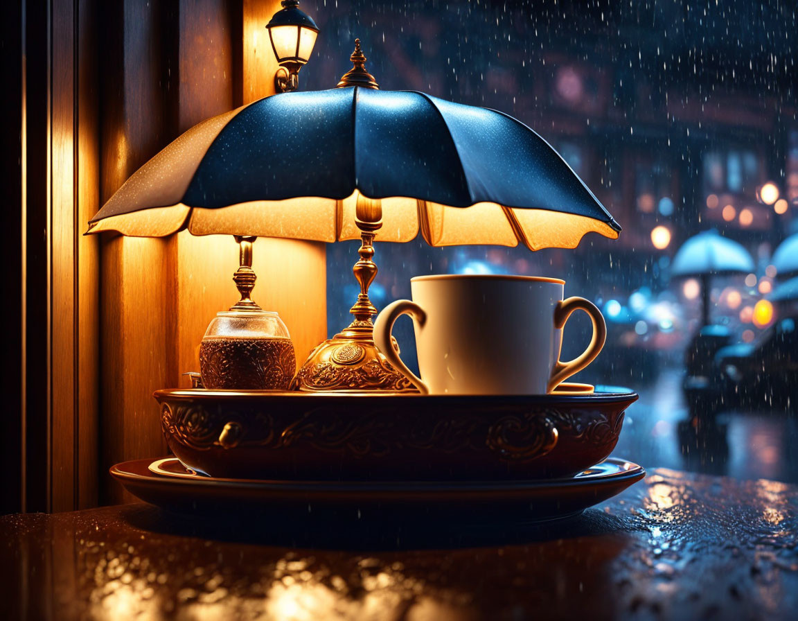 Vintage lamp, umbrella, teapot, cup on tray by rainy window