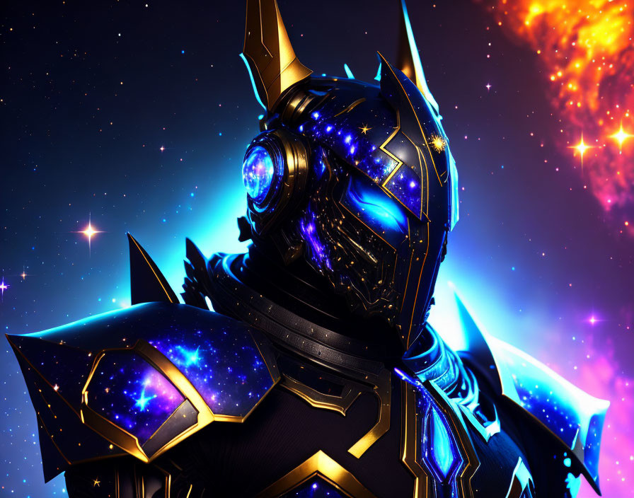 Armored cosmic figure with star-filled design in vibrant space backdrop