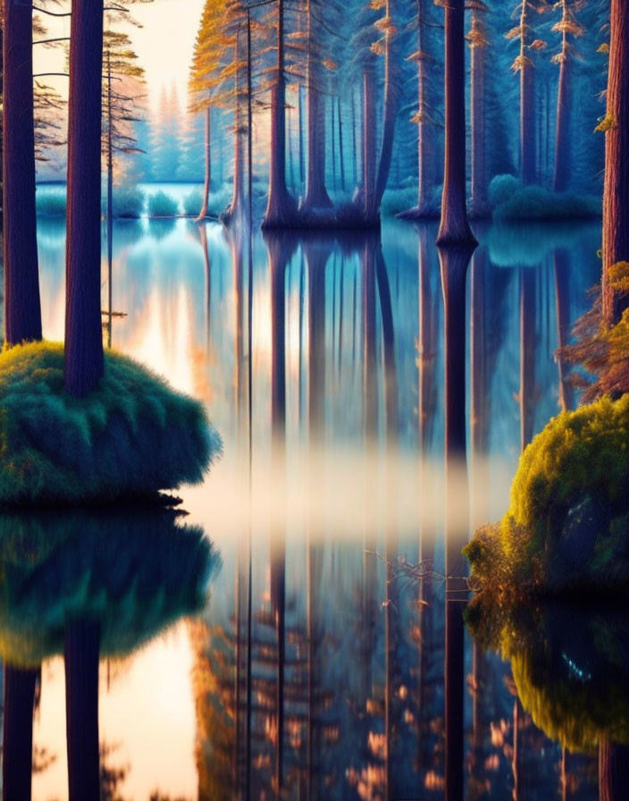 Tranquil forest scene with submerged trees reflecting warm golden light