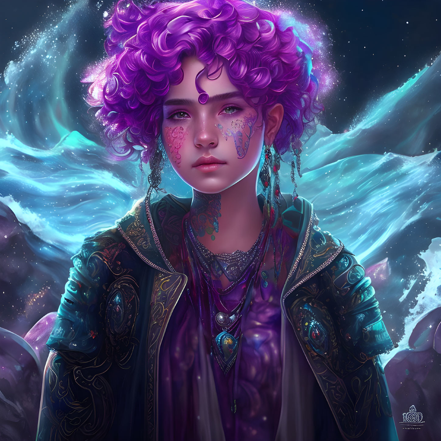 Vibrant purple hair and celestial jewelry against cosmic backdrop