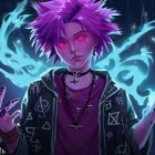 Vibrant purple hair and celestial jewelry against cosmic backdrop