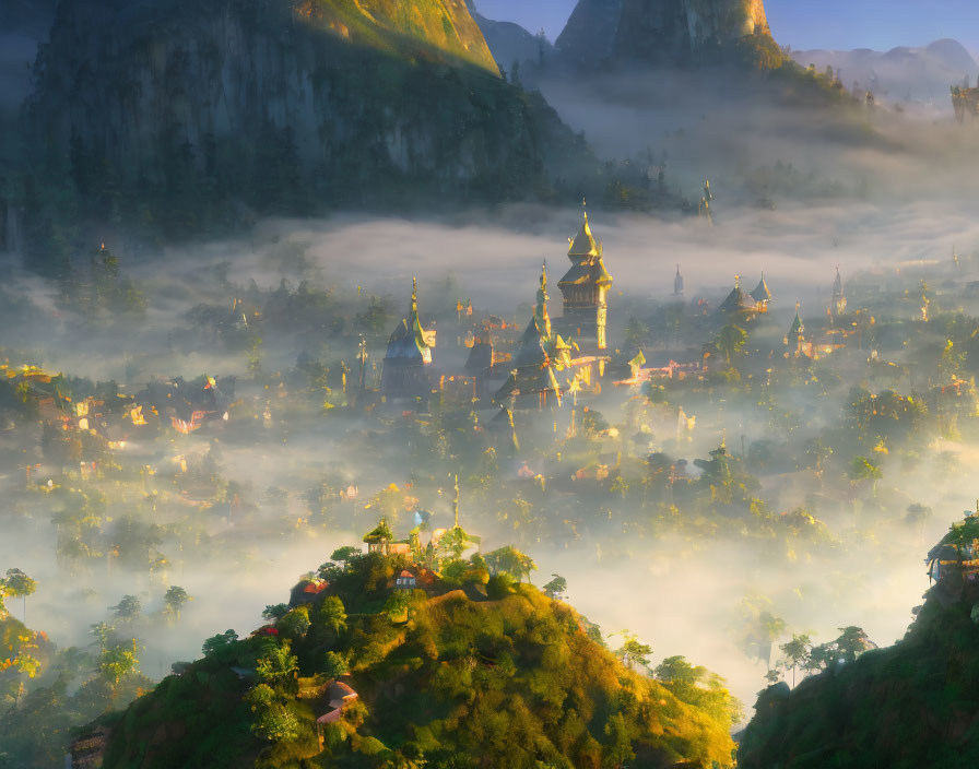 Mystical sunrise over fairytale kingdom with castles, forests, and mountains