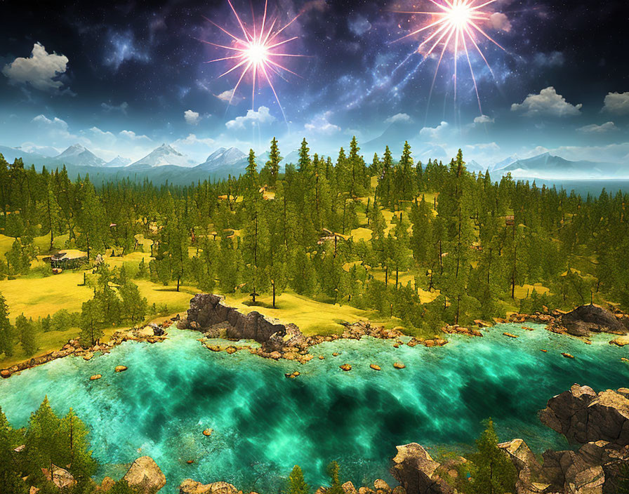 Scenic landscape: turquoise lake, lush forests, mountains, starry sky