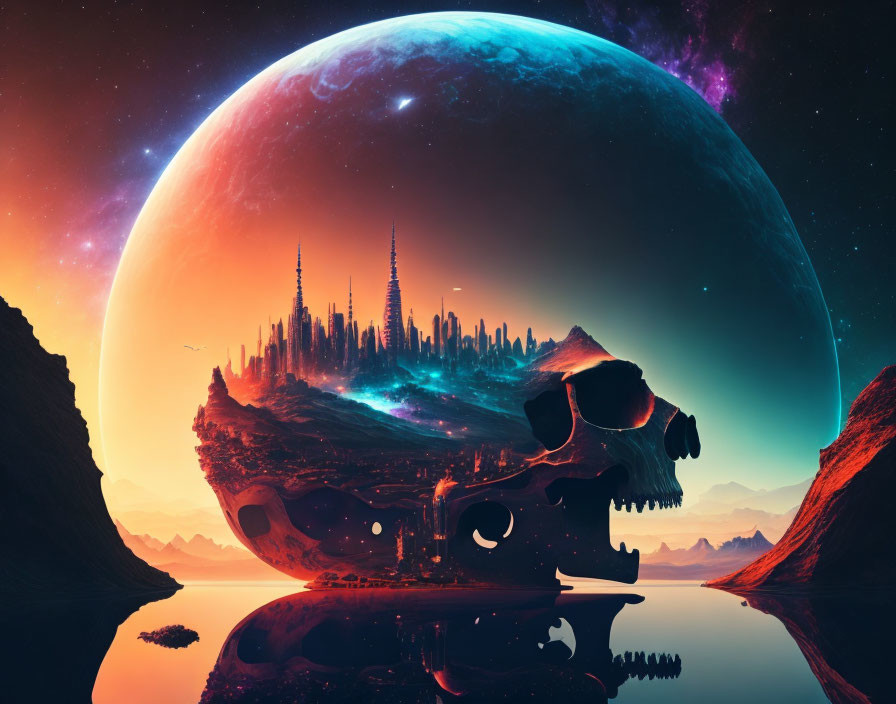 Futuristic city on skull-shaped floating rock with looming planet in alien sky