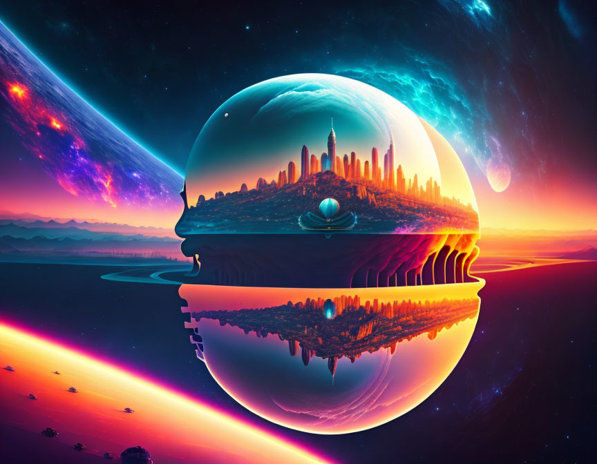 Futuristic city in sphere with water reflections on vibrant backdrop