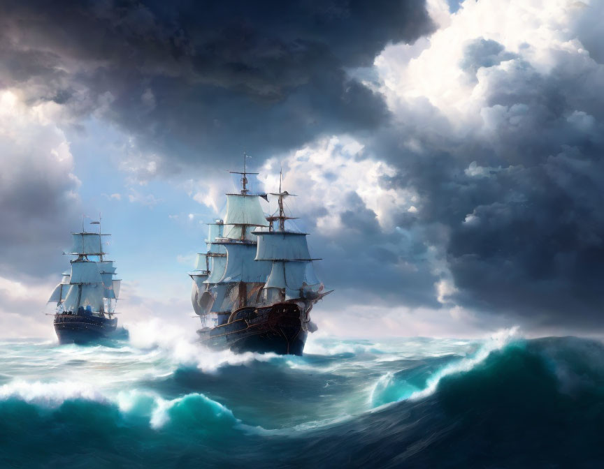 Tall Ships Sailing in Tumultuous Seas with Dramatic Sky