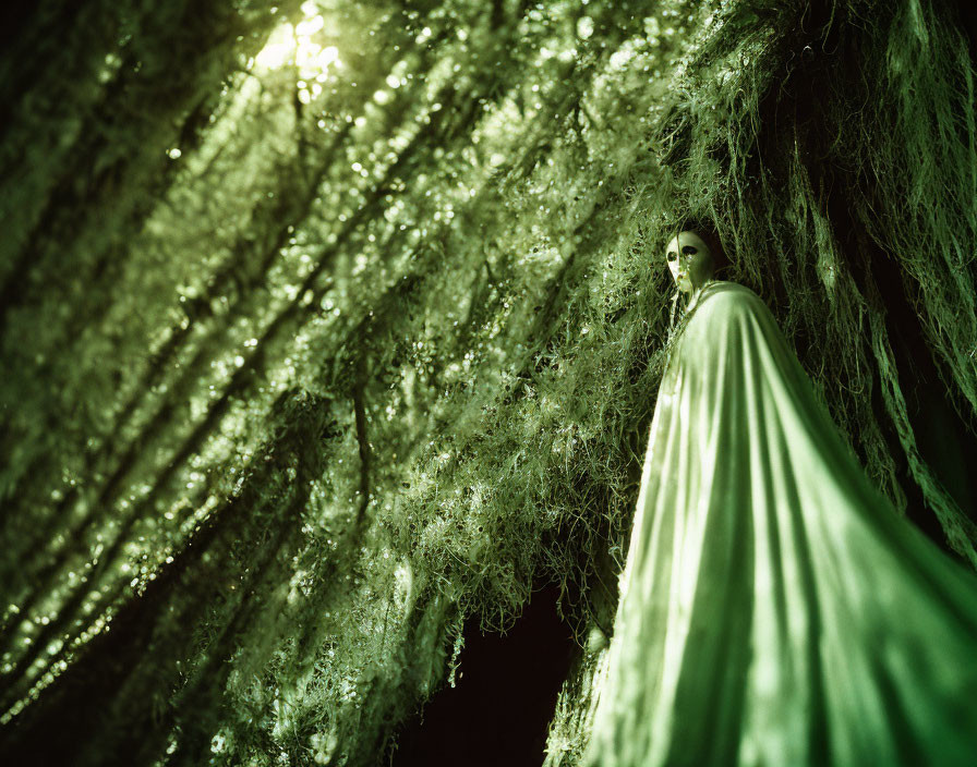 Person in Green Cloak Among Moss-Covered Trees with Sunlight