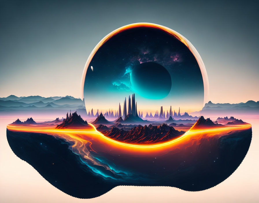 Surreal landscape with floating circular portal and cosmic scene above fiery mountains at dusk