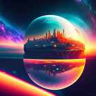 Futuristic city in sphere with water reflections on vibrant backdrop