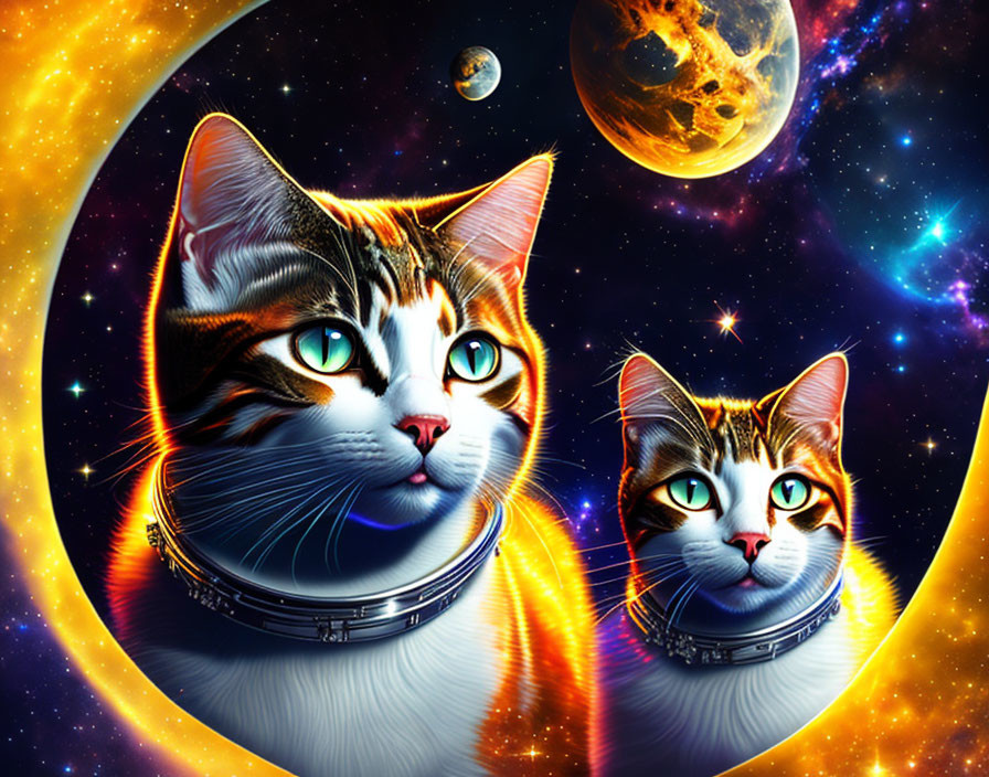 Stylized cats in space helmets on vibrant cosmic background