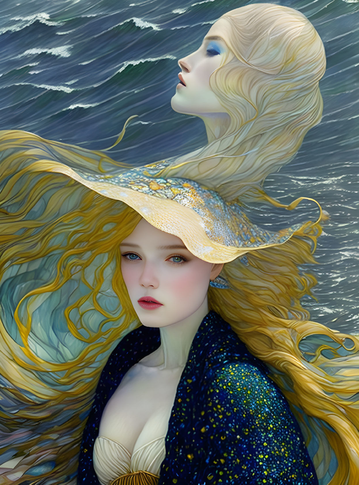 Surreal illustration of woman with golden hair and star-adorned garment merging with waves