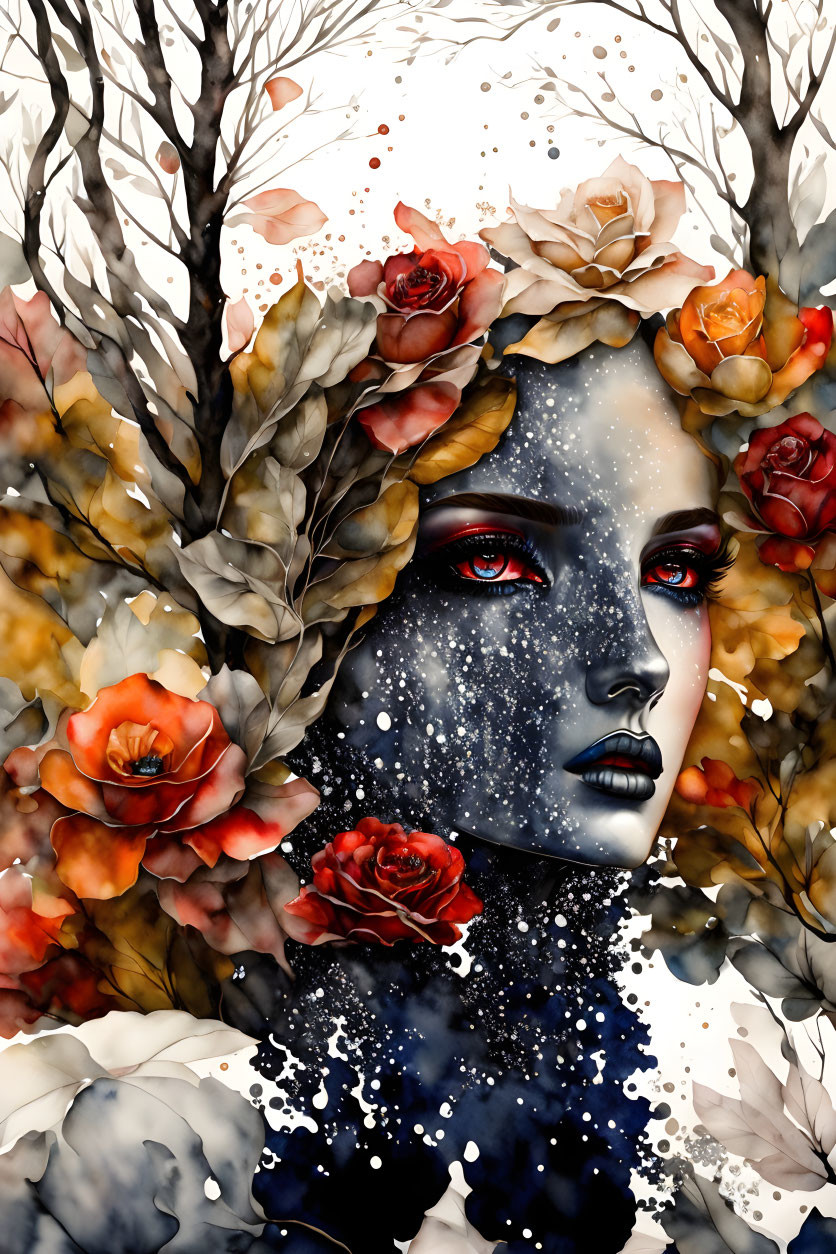 Cosmic-themed woman portrait with red and orange flowers on monochrome branches