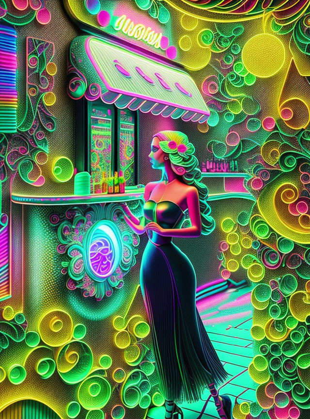 Woman in Black Dress at Psychedelic Bar with Neon Patterns