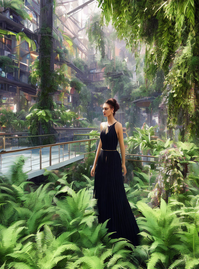 Woman in Black Dress on Futuristic Greenhouse Bridge with Lush Greenery