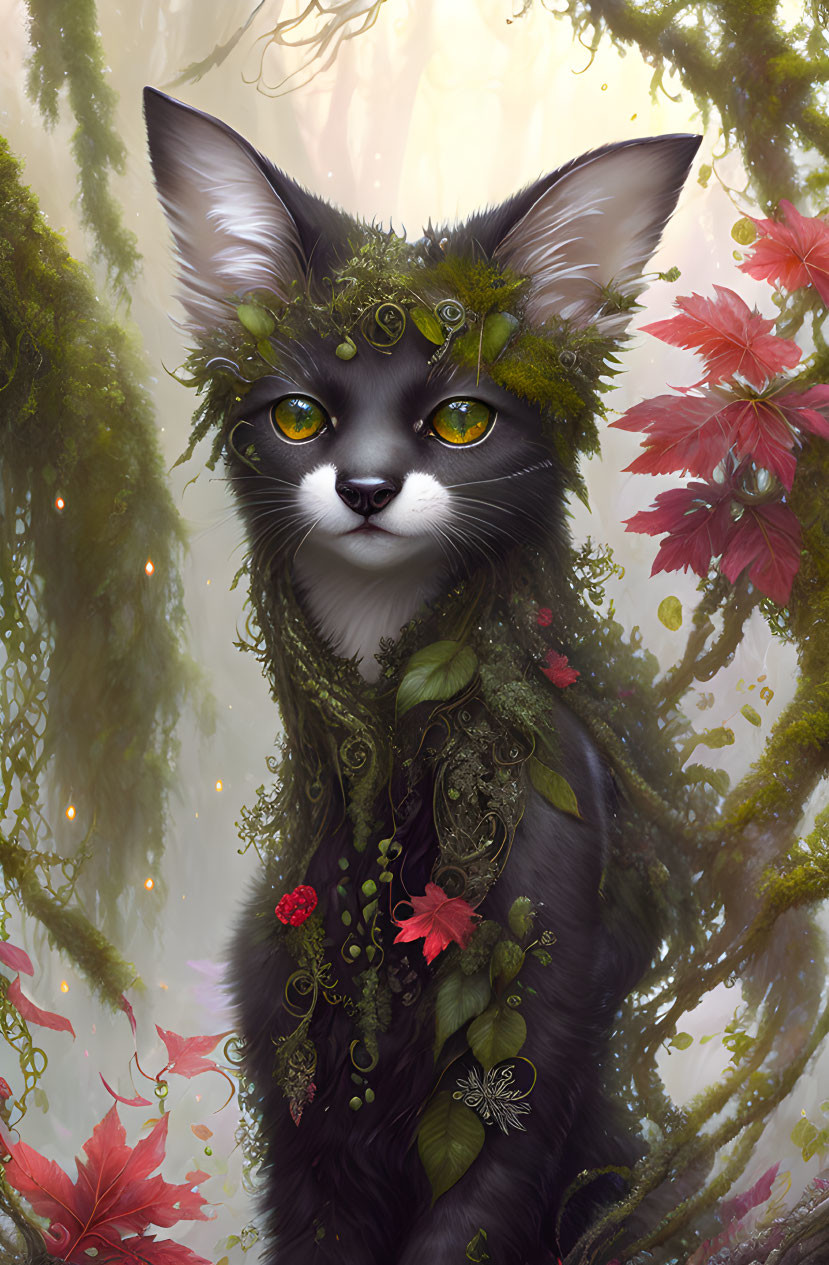 Black cat with yellow eyes in leafy green headpiece, surrounded by vines and flowers.