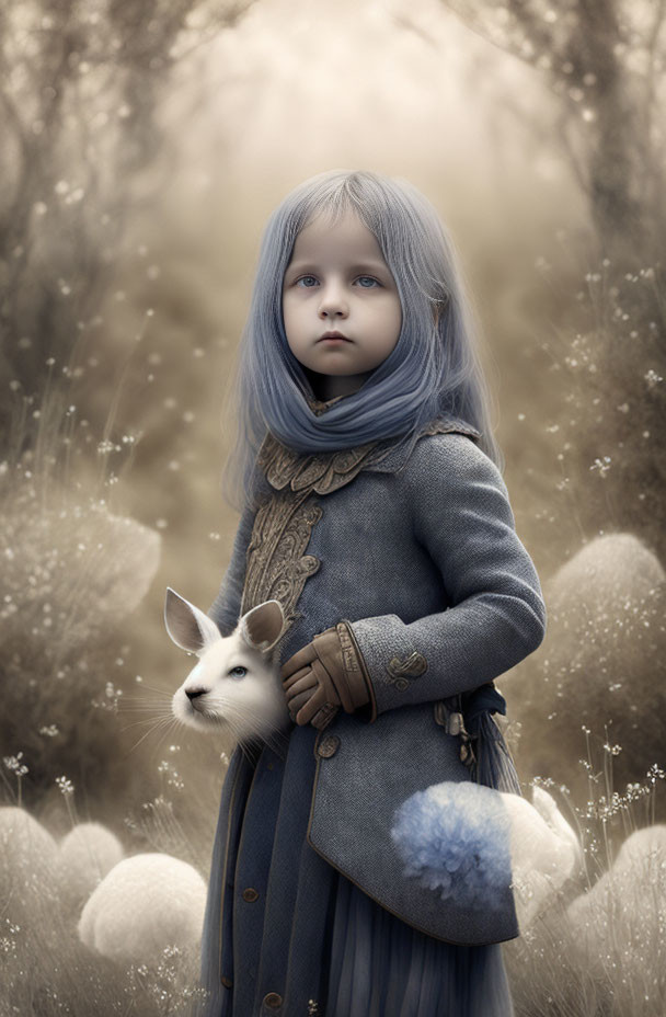 Child with Blue Hair Holding Rabbit in Mystical Forest