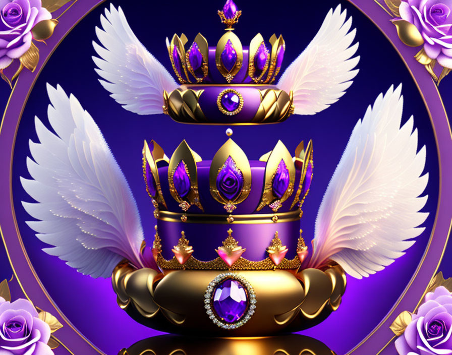 Golden crowns with purple jewels and angelic wings on purple background with roses